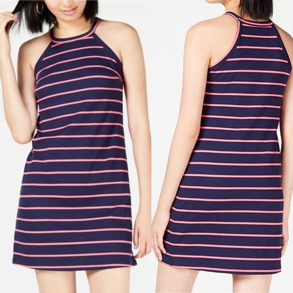Maison Jules Ribbed Knit Striped Sleeveless Halter Mini Dress Navy Pink XXS NWT